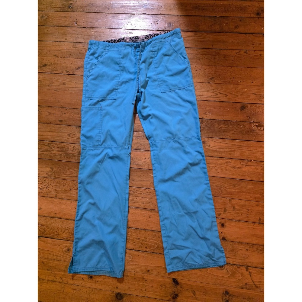 Scrubstar Womens XS Turquoise Blue Cargo Scrub Pants Elastic Waist Leopard Trim